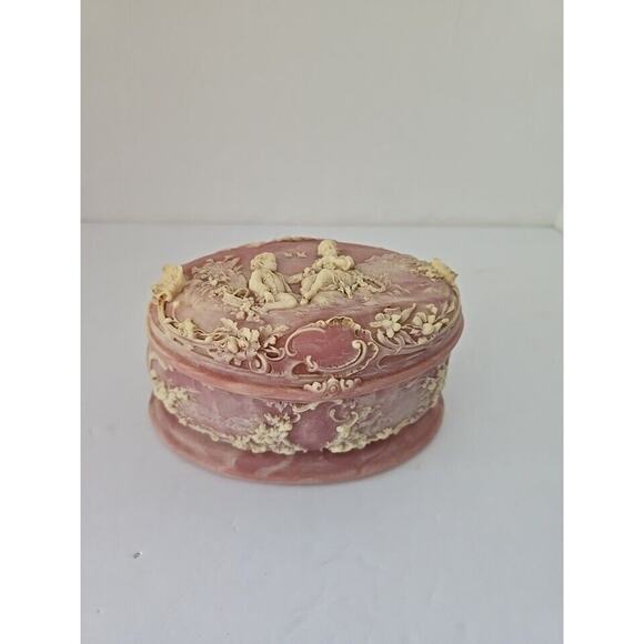 Vintage Genuine Incolay Stone Pink Trinket Dish Box - Picture 1 of 8